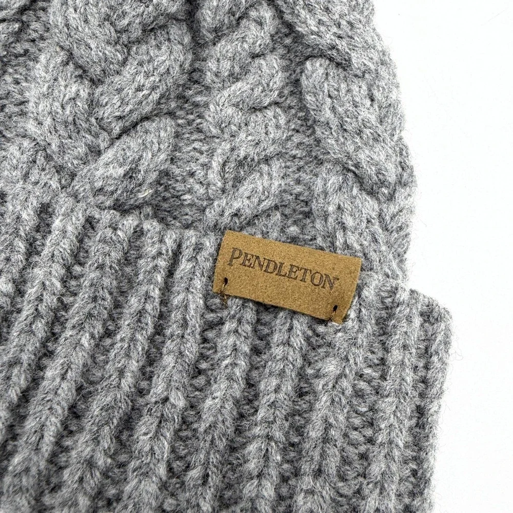Pendleton Hat Beanie Womens One Size Gray Wool Cable Knit Faux Fur Pom Winter